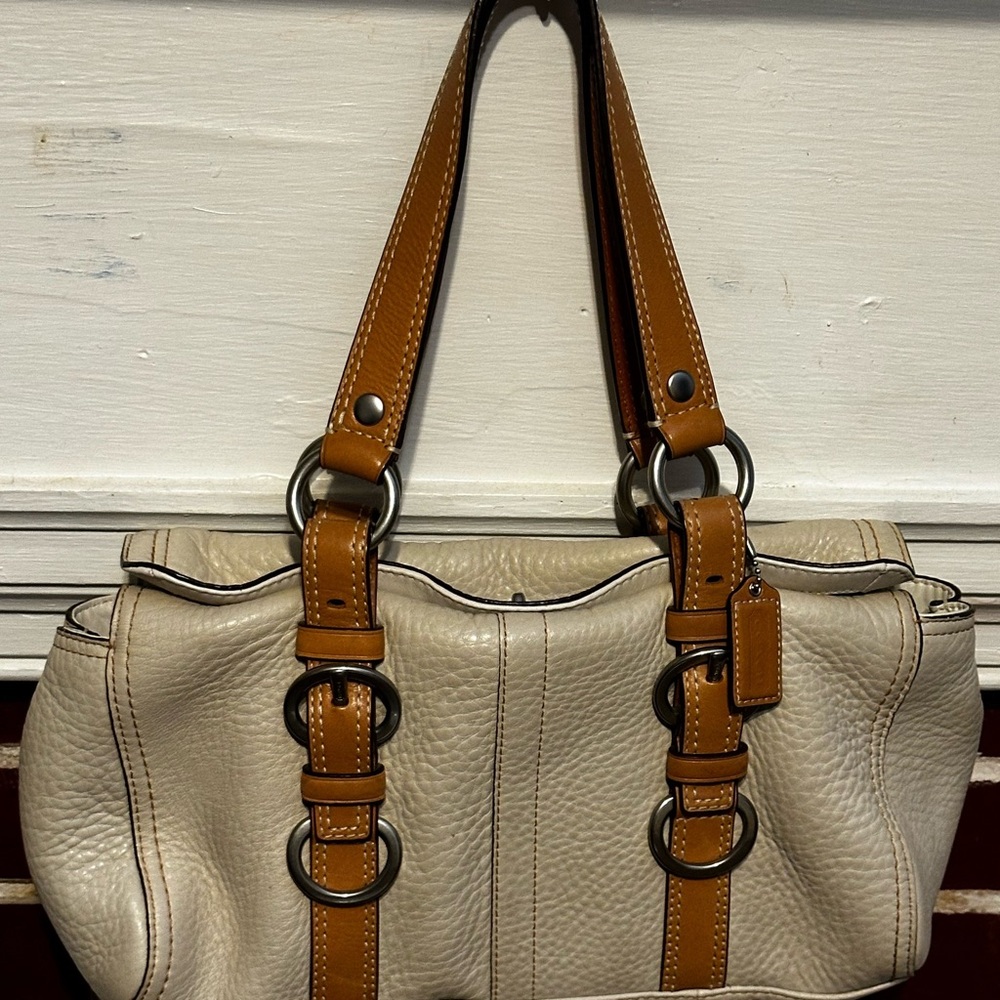 Coach Cream and Tan Leather Shoulder Bag with Silver Hardware